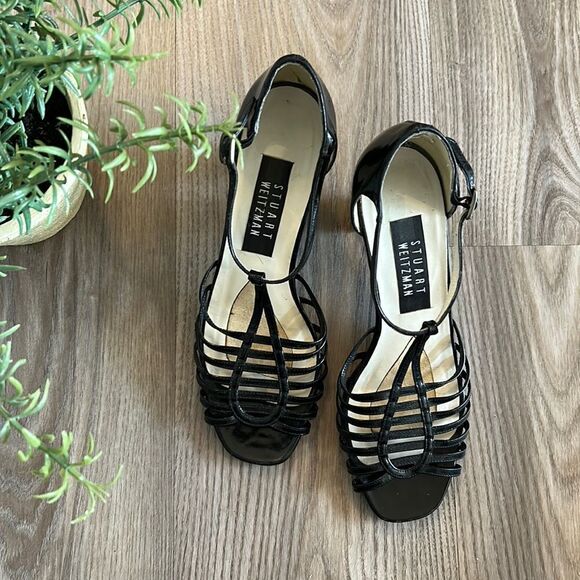 STUART WEITZMAN PATENT LEATHER STRAPPY SANDALS WITH HEEL SIZE 6 BLACK - Picture 1 of 9